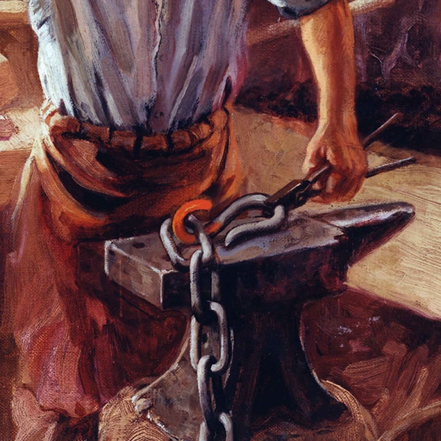 Maleri av John Deere som arbeider i smia, malt av Walter Haskell Hinton