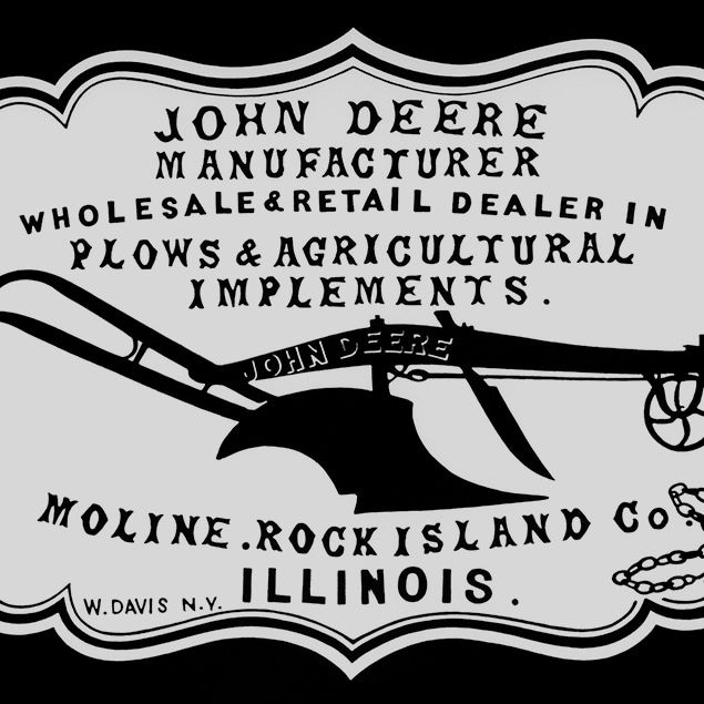 En historisk forhandlerannonse fra 1855 med "John Deere-forhandler, grossist- og detaljhandler i ploger og landbruksredskaper. Moline, Rock Island Co. Illinois"