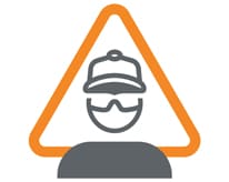 Oransje trekant med ikon av en person iført hjelm og vernebriller