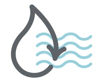 Grått ikon av vanndråpe med pil som indikerer bærekraft for gjenbruk i større mengder vann, vist av et bølgeikon