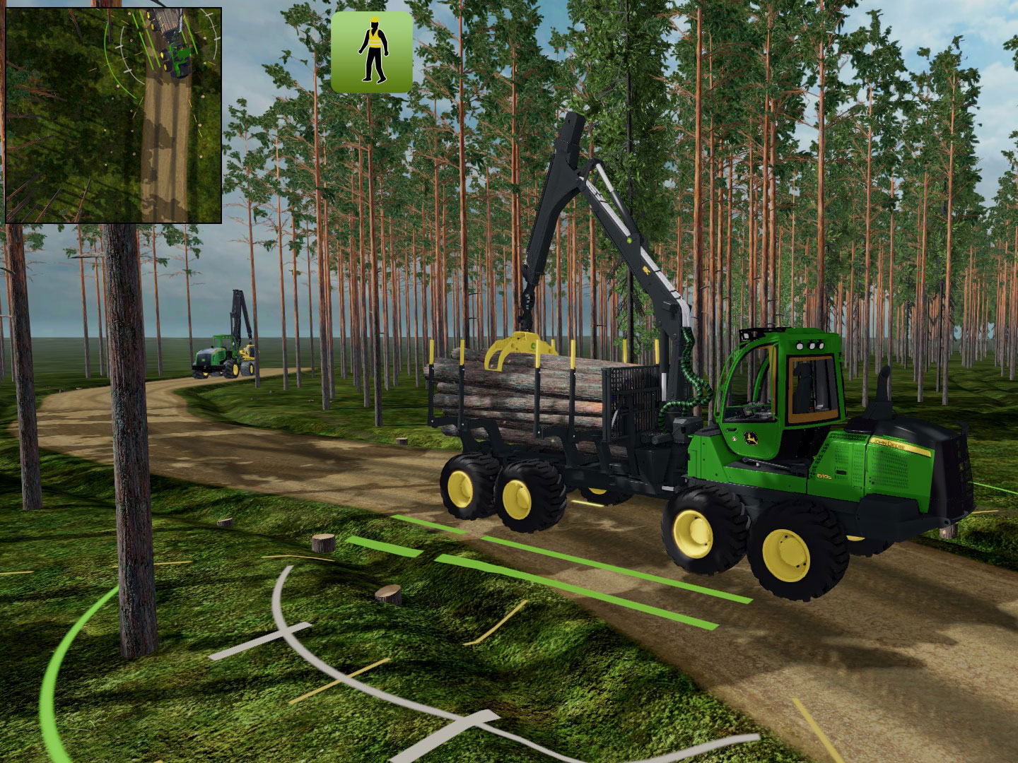John Deere-simulatorvisning, en lastbærer i skogstransport av tømmer