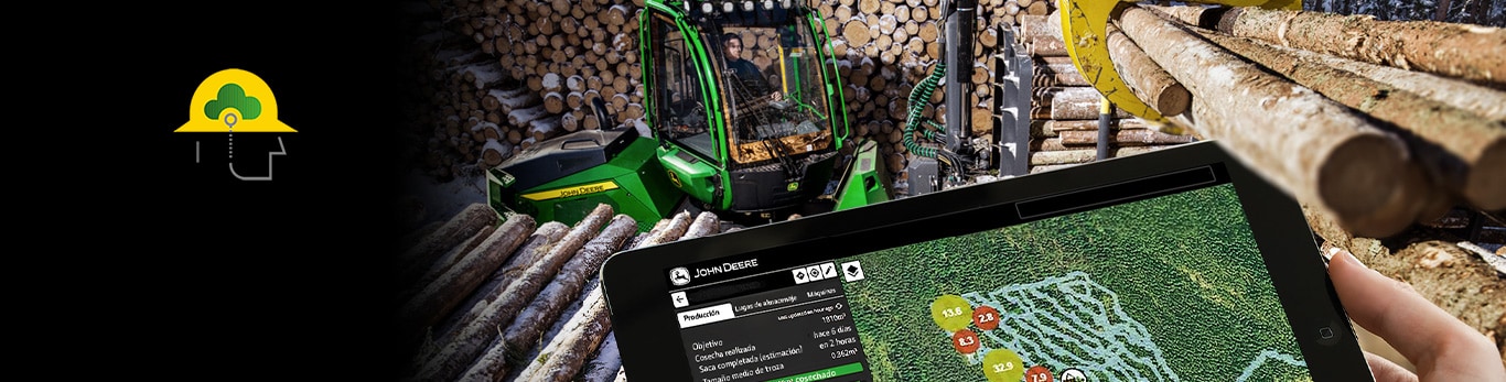 John Deere skogsmaskin og tablet skjerm