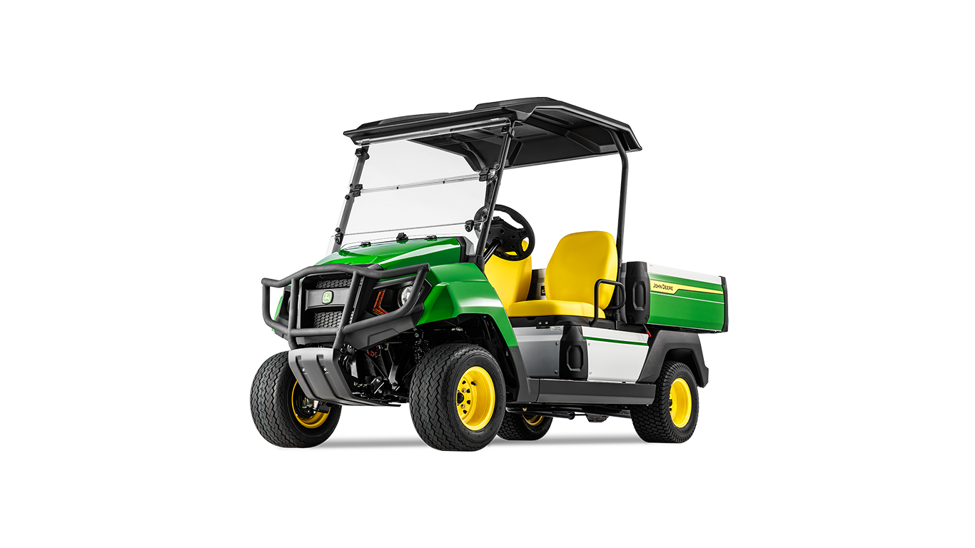 Frontvinklet visning av en John Deere Gator GS elektrisk modell som fremhever grill, frontlys og gule seter.