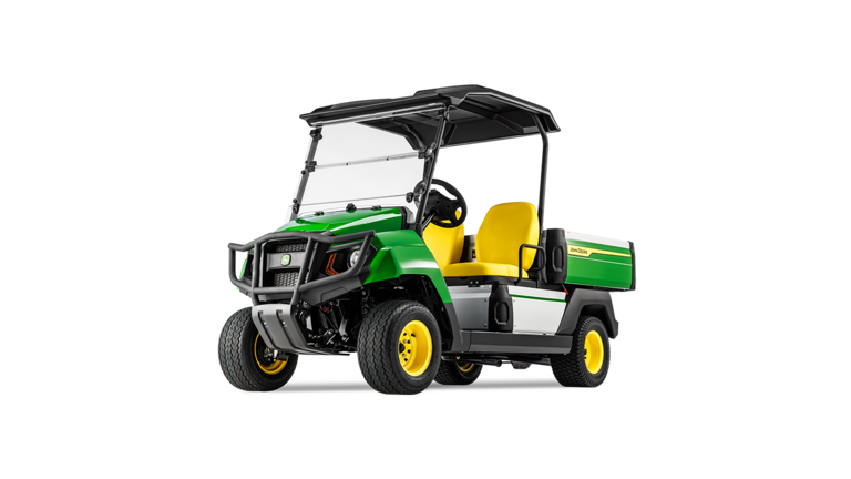 Frontvinklet visning av en John Deere Gator GS elektrisk modell som fremhever grill, frontlys og gule seter.