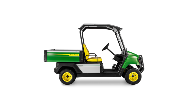 Sideprofilen til et John Deere Gator GS bensindrevet kjøretøy med grønt karosseri, gule hjul og åpen førerhyttedesign.