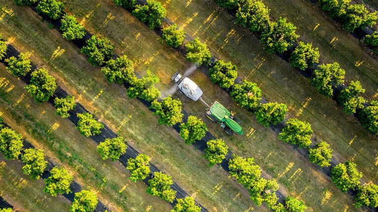Flyfoto av en grønn og gul John Deere 5015EN-traktor som sleper en sprøyte gjennom frukthager-rader med jevn avstand.