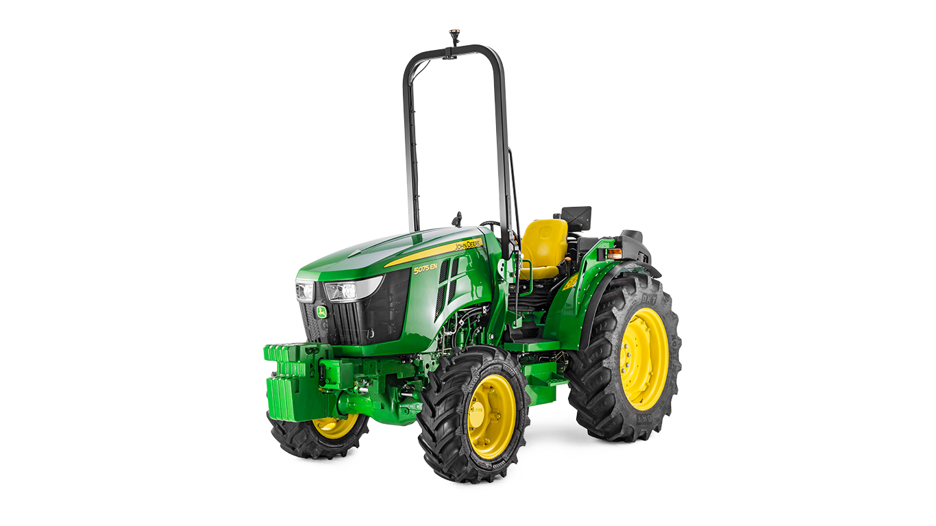 John Deere 5075EN traktor i grønn og gul farge, frontvisning med kompakt design og robuste dekk.