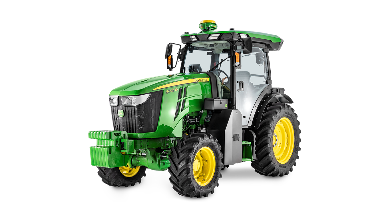 John Deere 5075EN-traktor i grønn og gul, vist med tre fjerdedeler sett forfra.