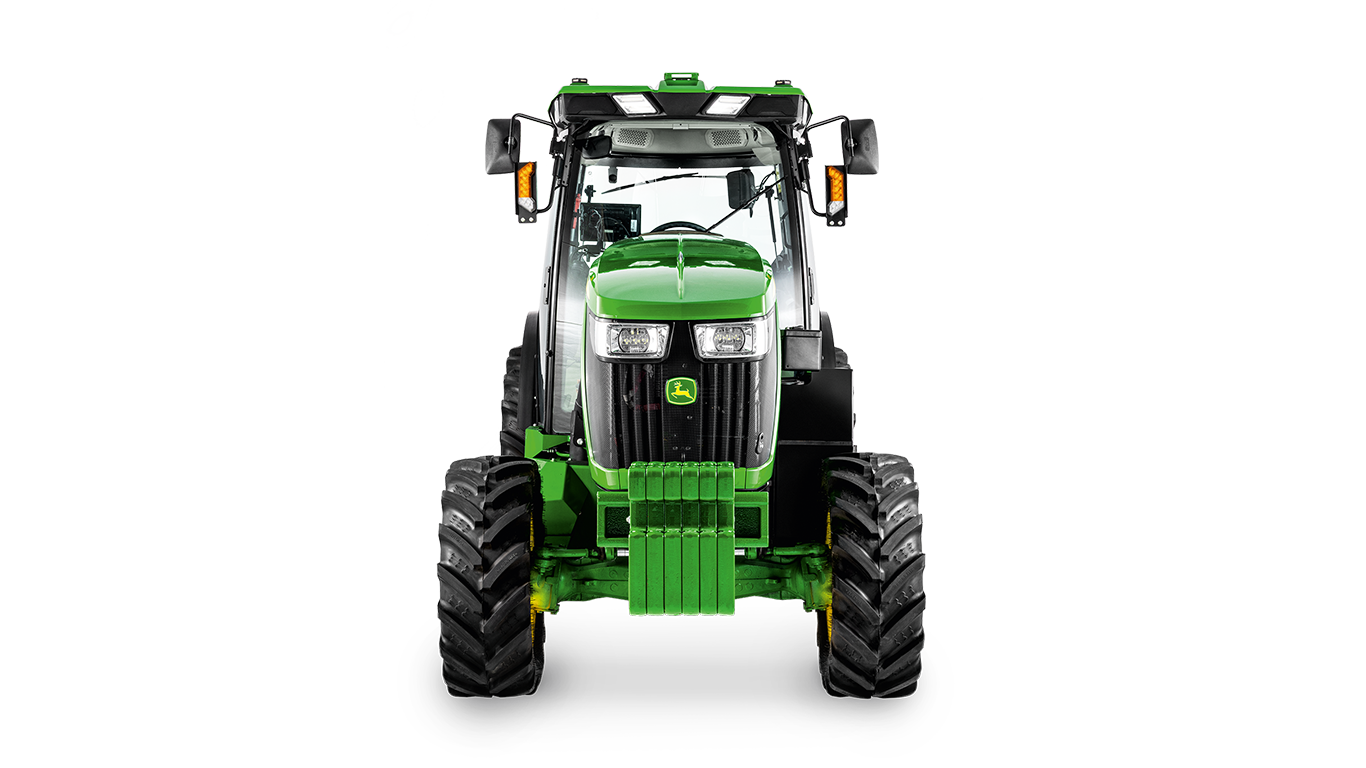 John Deere 5075EN-traktor sett forfra med frontlys, grill og vektblokk godt synlig.