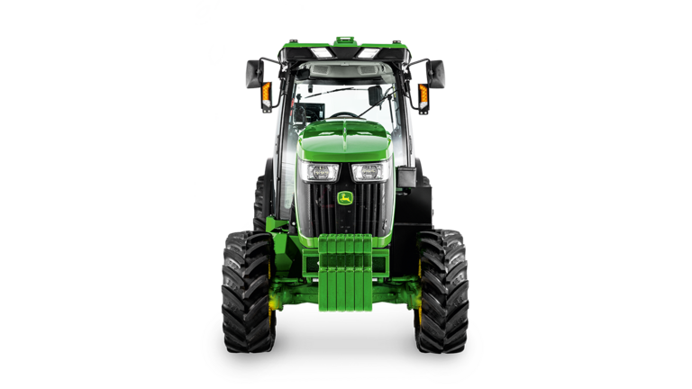 John Deere 5075EN-traktor sett forfra med frontlys, grill og vektblokk godt synlig.