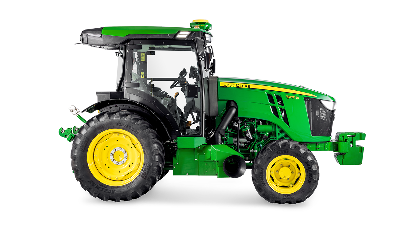 Sideprofil for John Deere 5090EN-traktor, fremhevet førerhyttedesign og store bakhjul.