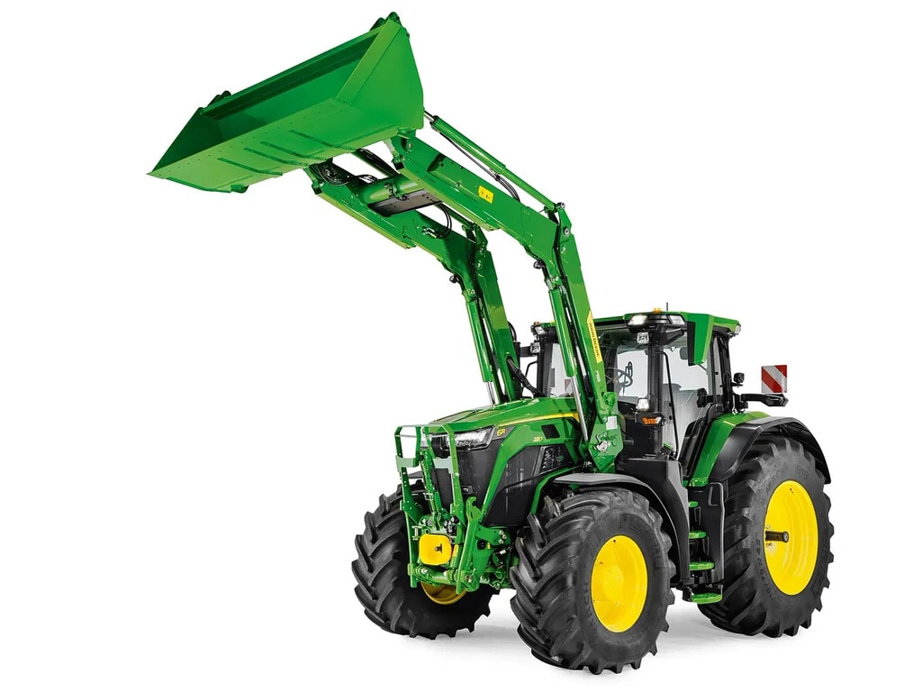John Deere-frontlasterettermonteringssett med bred skuffe, vist frakoblet på hvit bakgrunn.
